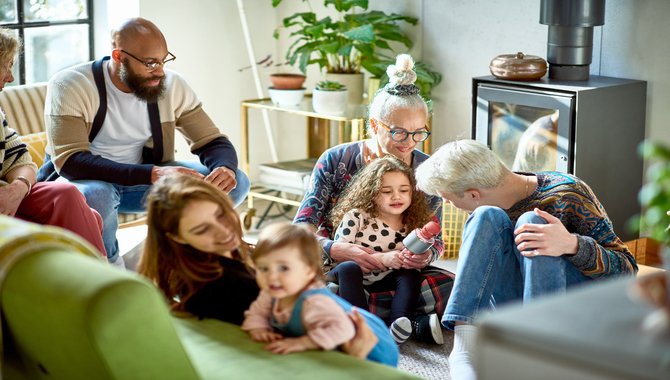 Extended family gathering in living room